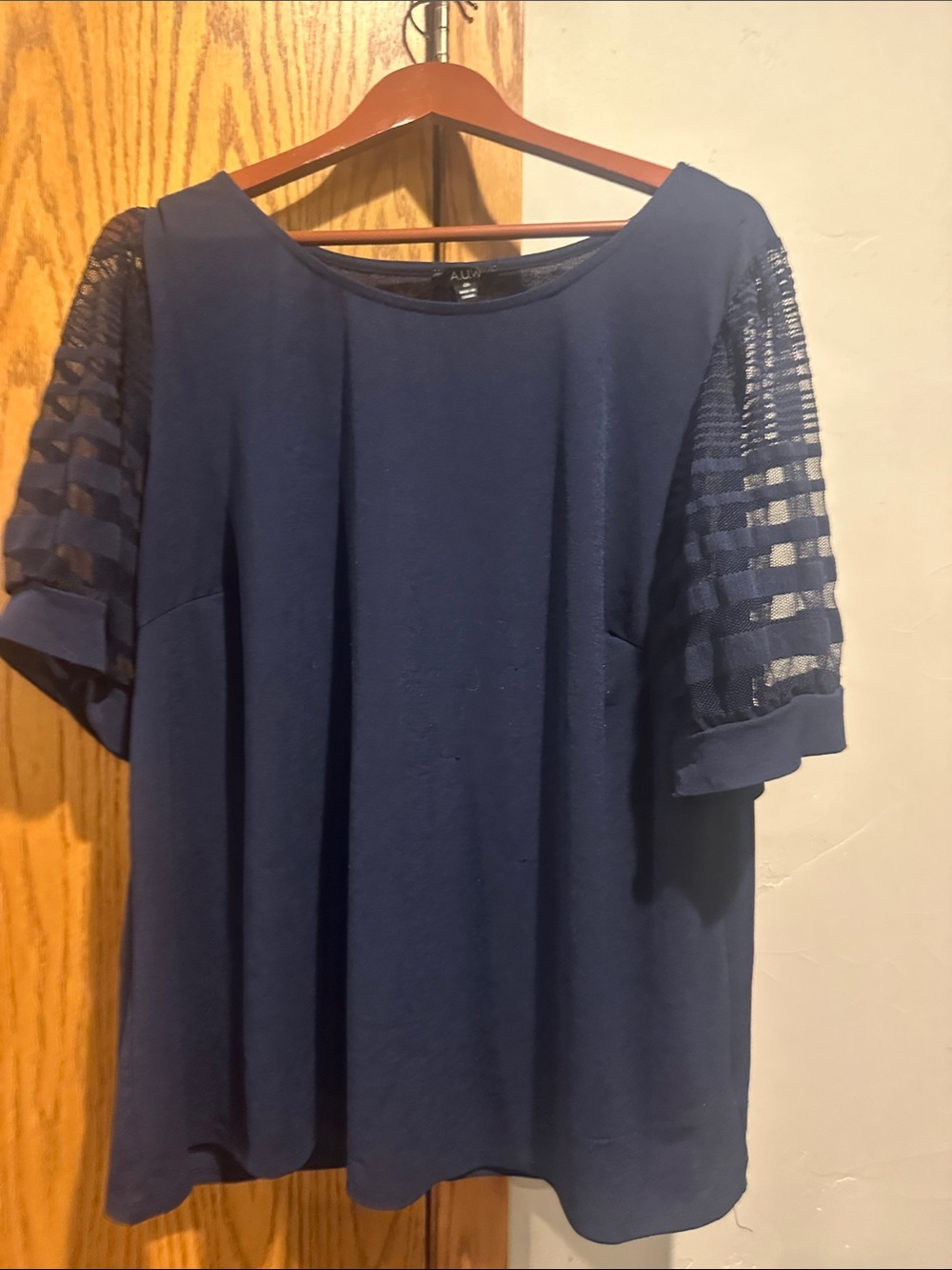 AUW Navy Short-Sleeve Tunic with Sheer Striped Sleeves